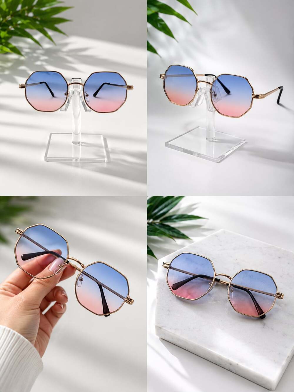 Gold Octagonal Frame Sunglasses with Blue to Pink Gradient Lenses